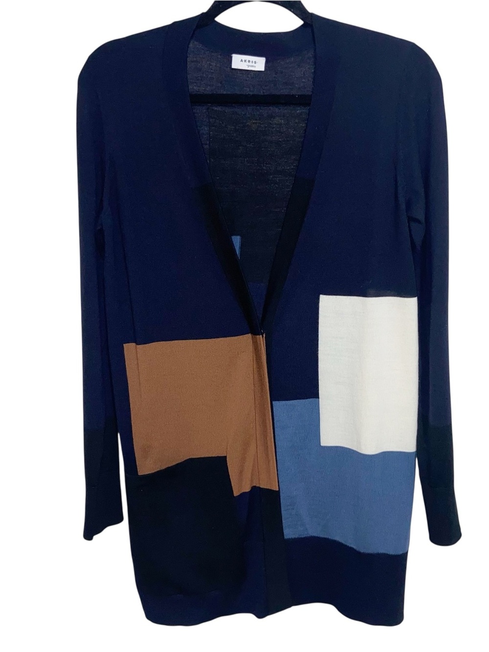 Akris Punto Sweater Womens Size 6 US Wool Cardigan Pocket Patchwork Navy Preppy